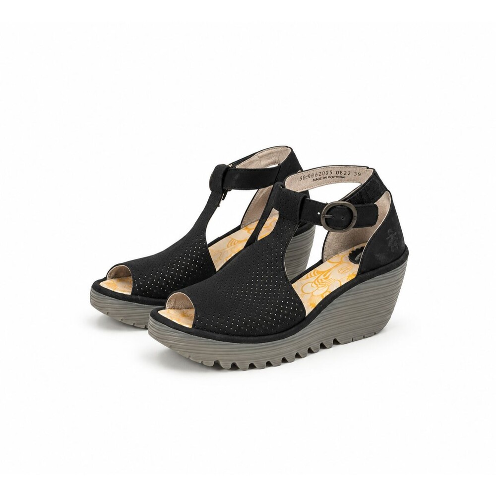 Fly London Black Leather Wedge Sandals Women 39 Platform T Strap Chunky Y2K